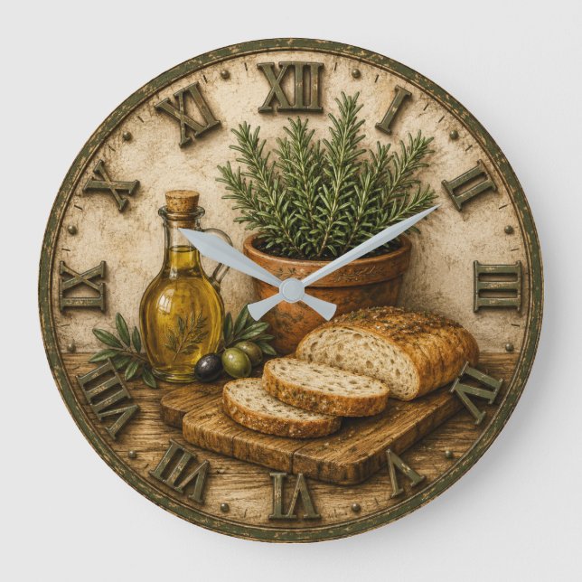 Rustic Rosemary Bread & Olive Oil Farmhouse  Large Clock (Front)