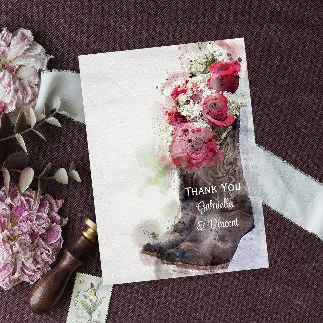 Rustic Roses and Cowboy Boots Wedding Thank You Card (Creator Uploaded)