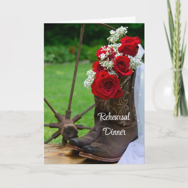 Rustic Roses Boots Wedding Rehearsal Dinner Invite (Front)