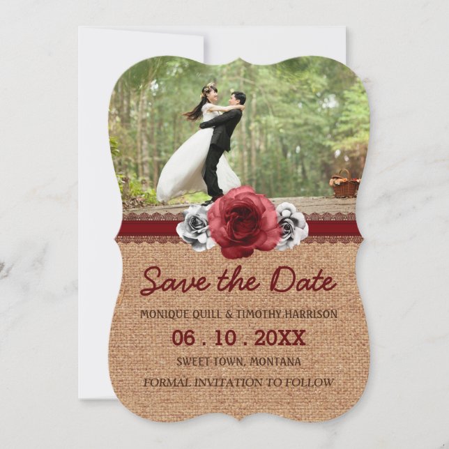 Rustic Roses - Burlap Lace Wedding Save the Date (Front)