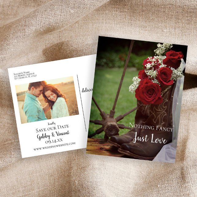 Rustic Roses Cowboy Boots Wedding Save the Date Announcement Postcard (Creator Uploaded)