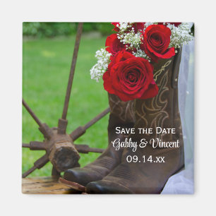 Rustic Roses Cowboy Boots Wedding Save the Date Magnet