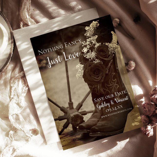 Rustic Roses Cowboy Boots Western Wedding Sepia Save The Date (Creator Uploaded)