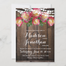 Rustic Roses Fairy Lights Wood Wedding Invitations