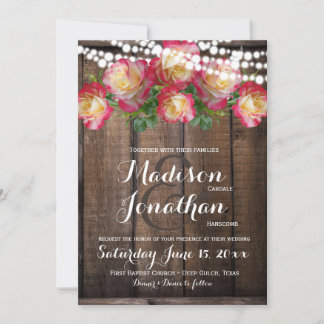 Rustic Roses Fairy Lights Wood Wedding Invitations