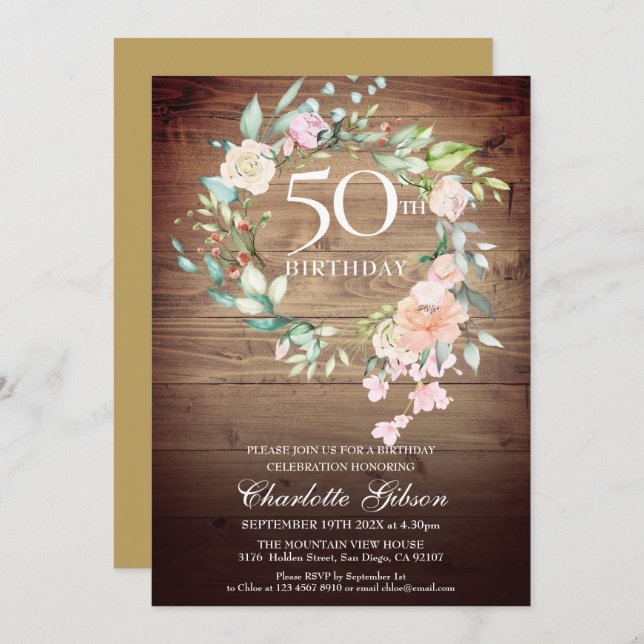 Rustic Roses Garland Monogram 50th Birthday Invitation (Front/Back)