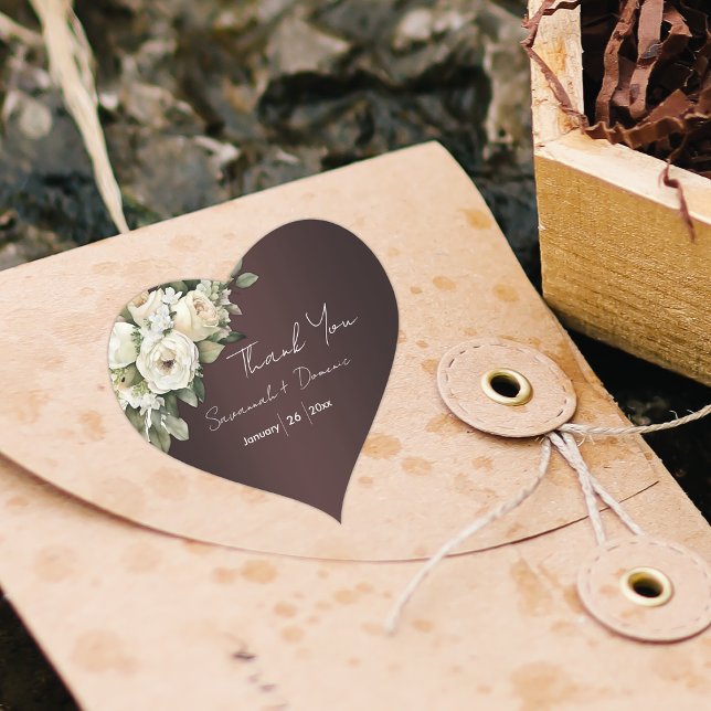 Rustic Roses Marsala Wedding Thank You Heart Sticker (Creator Uploaded)