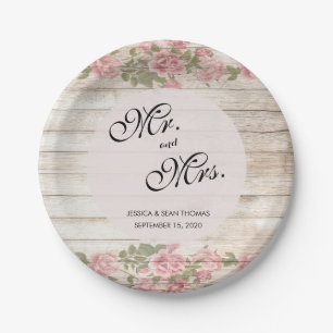 Rustic Roses On Wood Wedding Party Paper Plate
