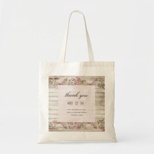 Rustic Roses On Wood Wedding Thank You Tote Bag (Front)