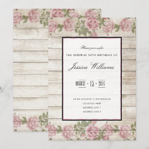 Rustic Roses & Wood Framed Surprise 50th Birthday Invitation