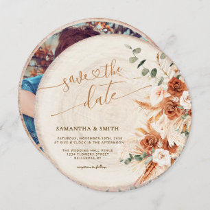 Rustic Round Wood Cut Grain Save the Date Card