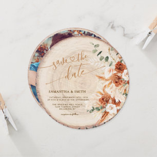 Rustic Round Wood Cut Grain Save the Date Card