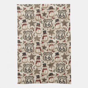 Rustic Route 66 Christmas Snowman Tea Towel