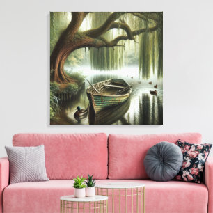 Rustic Rowboat Under a Willow Tree Canvas Print