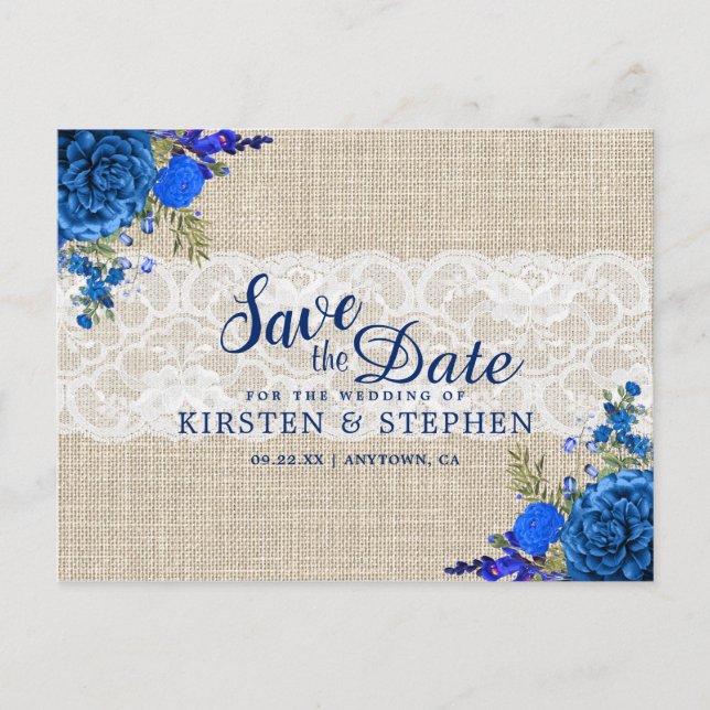 Rustic Royal Blue Floral Burlap Save the Date Announcement Postcard (Front)