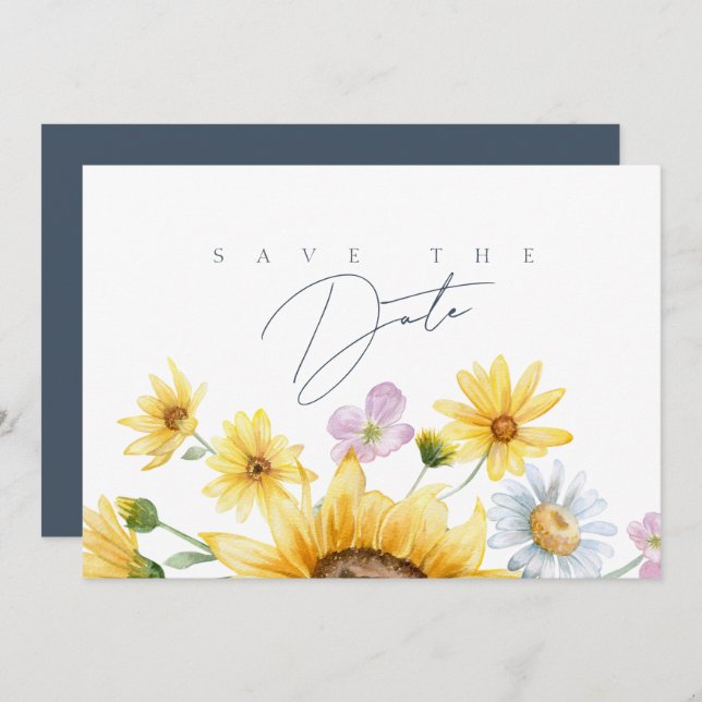 Rustic Royal Blue Opulence Sunflowers Wedding Save The Date (Front/Back)