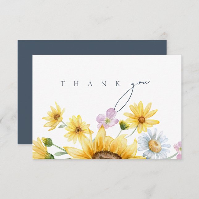 Rustic Royal Blue Opulence Sunflowers Wedding Thank You Card (Front/Back)