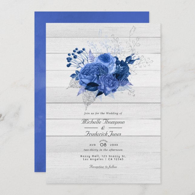 Rustic Royal Blue & Silver Floral QR Code Wedding Invitation (Front/Back)