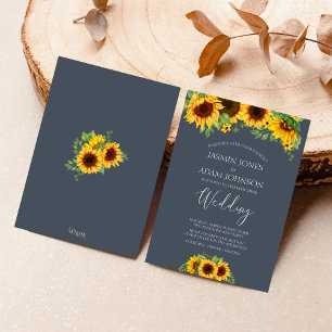 Rustic Royal Blue Sunflower Fall Wedding Invitation