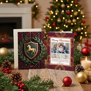 Rustic Royal Christmas Plaid 3 Photo Holiday Card