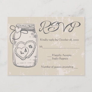 Rustic RSVP Mason Jar Hearts Brown Tan Wedding Invitation Postcard