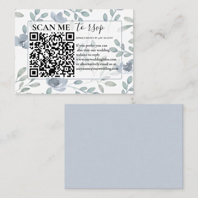 Rustic RSVP QR Code Dusty Blue Floral Wedding  Enclosure Card (Front/Back)