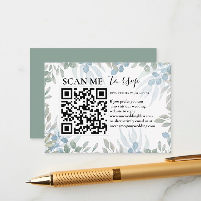 Rustic RSVP QR Code Eucalyptus Greenery Wedding Enclosure Card (Front/Back In Situ)