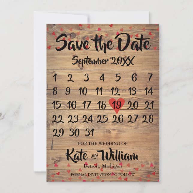Rustic Ruby Red Love Heart Calendar Save the Date (Front)