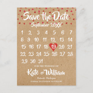 Rustic Ruby Red Love Heart Calendar Save the Date Announcement Postcard