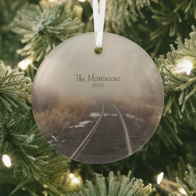 Rustic Rural Railroad Track Personalised Photo Glass Tree Decoration (Insitu)
