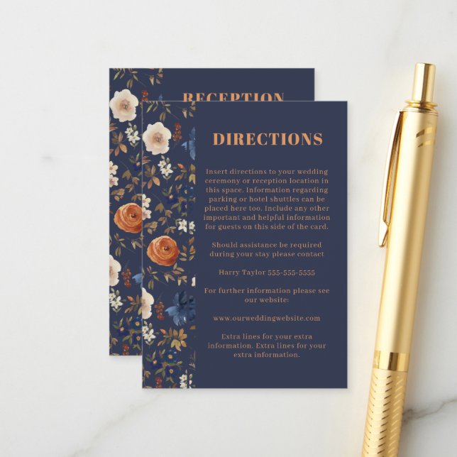 Rustic Rust Blue Reception Directions Wedding Enclosure Card (Front/Back In Situ)