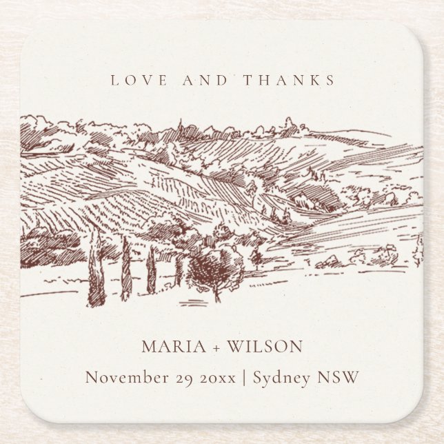 Rustic Rust Brown Winery Mountain Sketch Wedding Square Paper Coaster (Front)