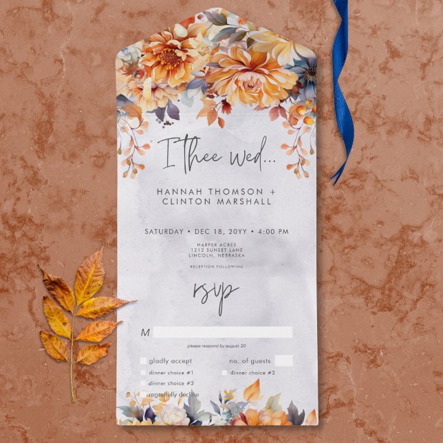 Rustic Rust & Navy Fall Floral Dinner All In One Invitation (Rustic Rust & Navy Fall Floral Dinner All In One Invitation)
