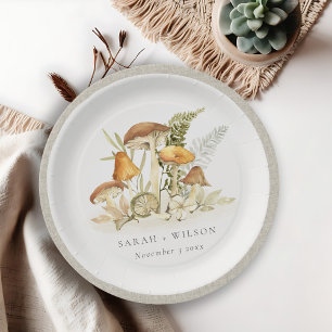 Rustic Rust Orange Mushroom Fern Foliage Wedding Paper Plate