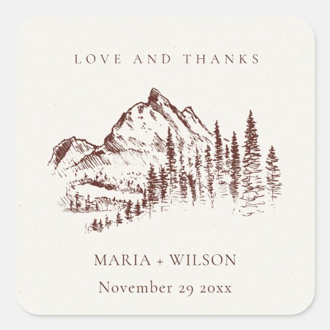 Rustic Rust Pine Woods Mountain Sketch Wedding Square Sticker (Front)