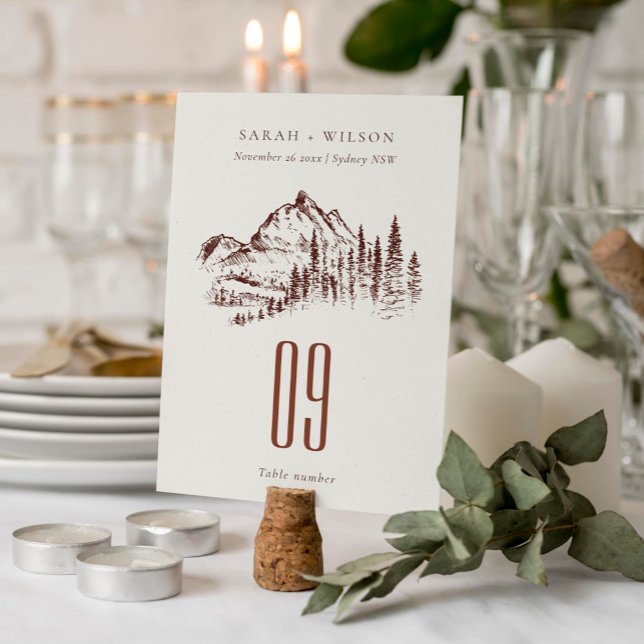 Rustic Rust Pine Woods Mountain Sketch Wedding Table Number (Creator Uploaded)