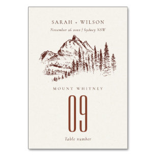 Rustic Rust Pine Woods Mountain Sketch Wedding Table Number