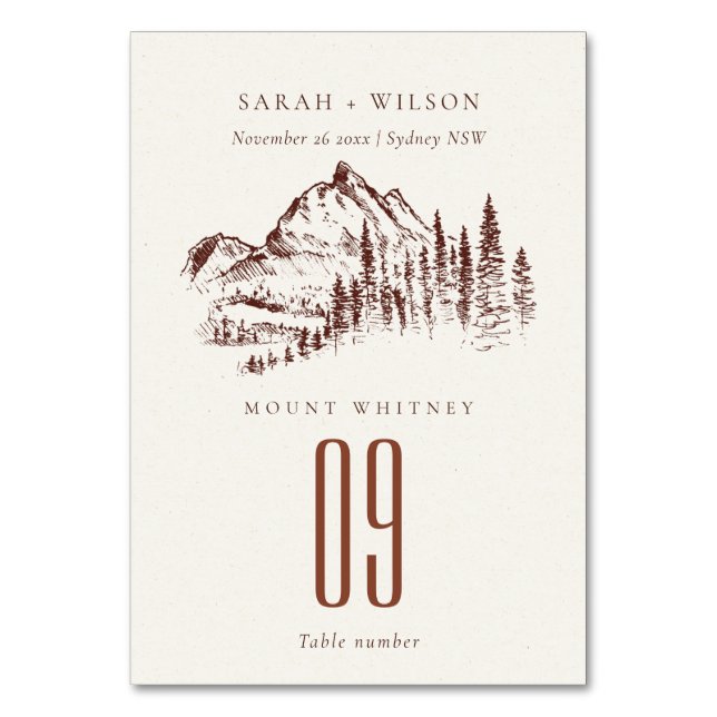 Rustic Rust Pine Woods Mountain Sketch Wedding Table Number (Front)