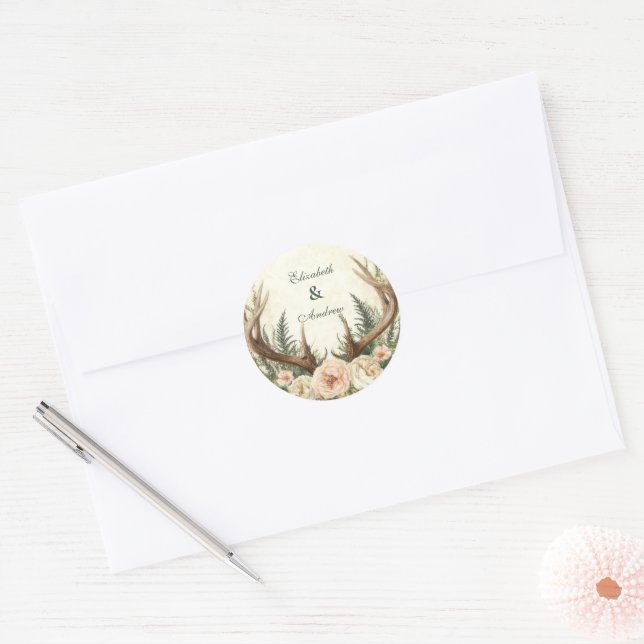 Rustic Rustic Antler Woodland Classic Round Sticker (Envelope)