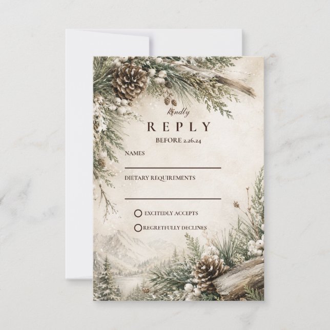 Rustic Rustic Winter Wedding RSVP Card (Front)