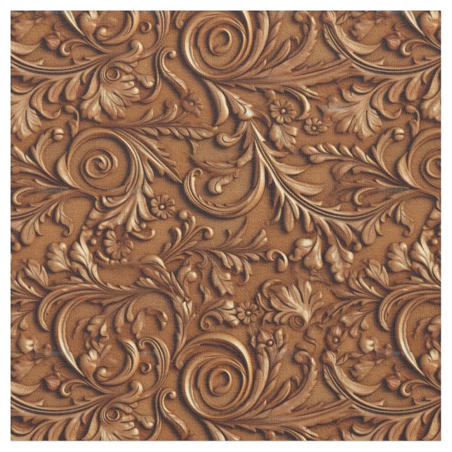 Rustic saddle brown tooled leather fabric (Close Up)