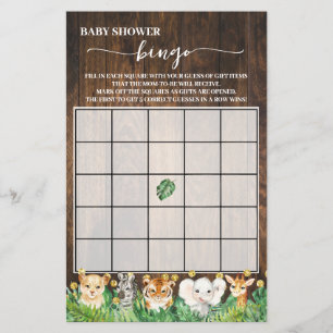 Rustic Safari Animals Baby Shower Bingo Game Card