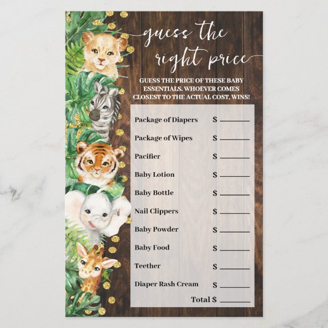 Rustic Safari Guess Right Price Baby Shower Game Flyer (Front)