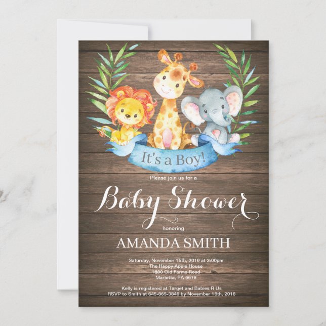 Rustic Safari Jungle Animals Boy Baby Shower Invitation (Front)