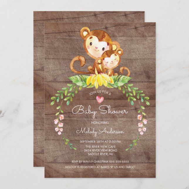 Rustic Safari Jungle Monkey Baby Shower Invitation (Front/Back)