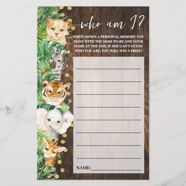 Rustic Safari Who am I Baby Shower Game Card (Front)
