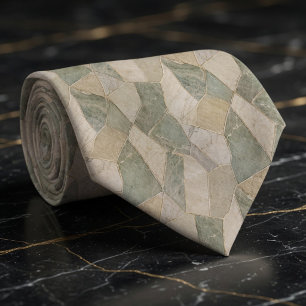 Rustic Sage and Cream Marble Geometric Mosaic  Tie