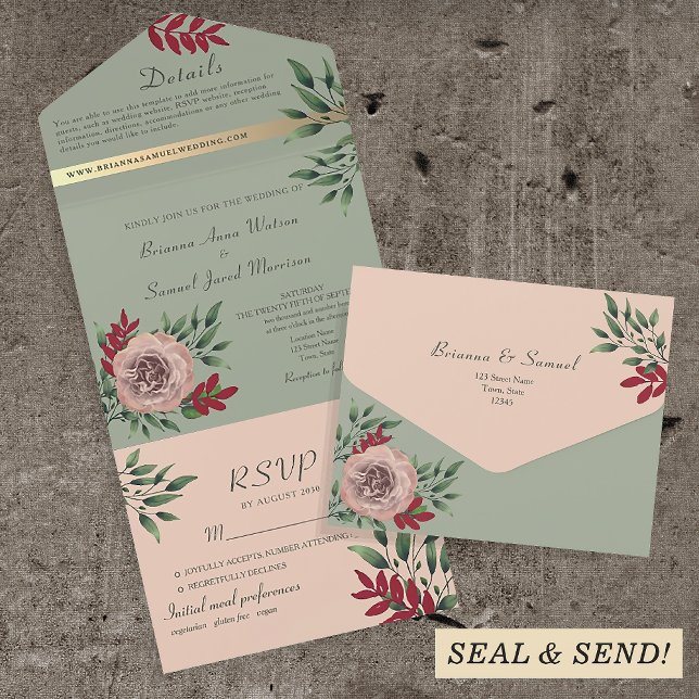 Rustic Sage and Pink Floral Wedding All In One Invitation (Creator Uploaded)