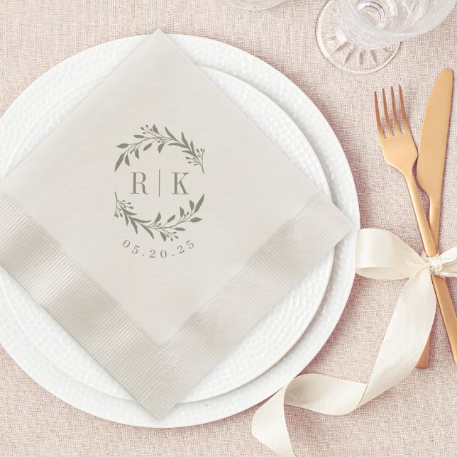 Rustic Sage Botanical Wreath Wedding Monogram Napkin (Creator Uploaded)