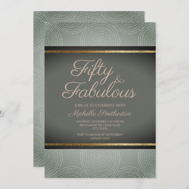 Rustic Sage Dark Green Gold Abstract 50th Birthday Invitation (Front/Back)